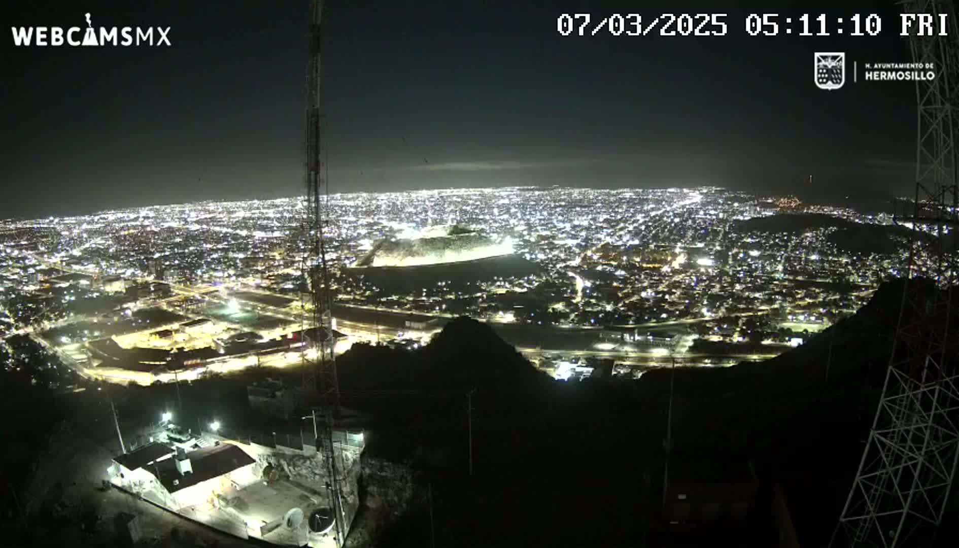A nighttime view from a hilltop overlooking a brightly lit city sprawling across a valley under a clear sky.