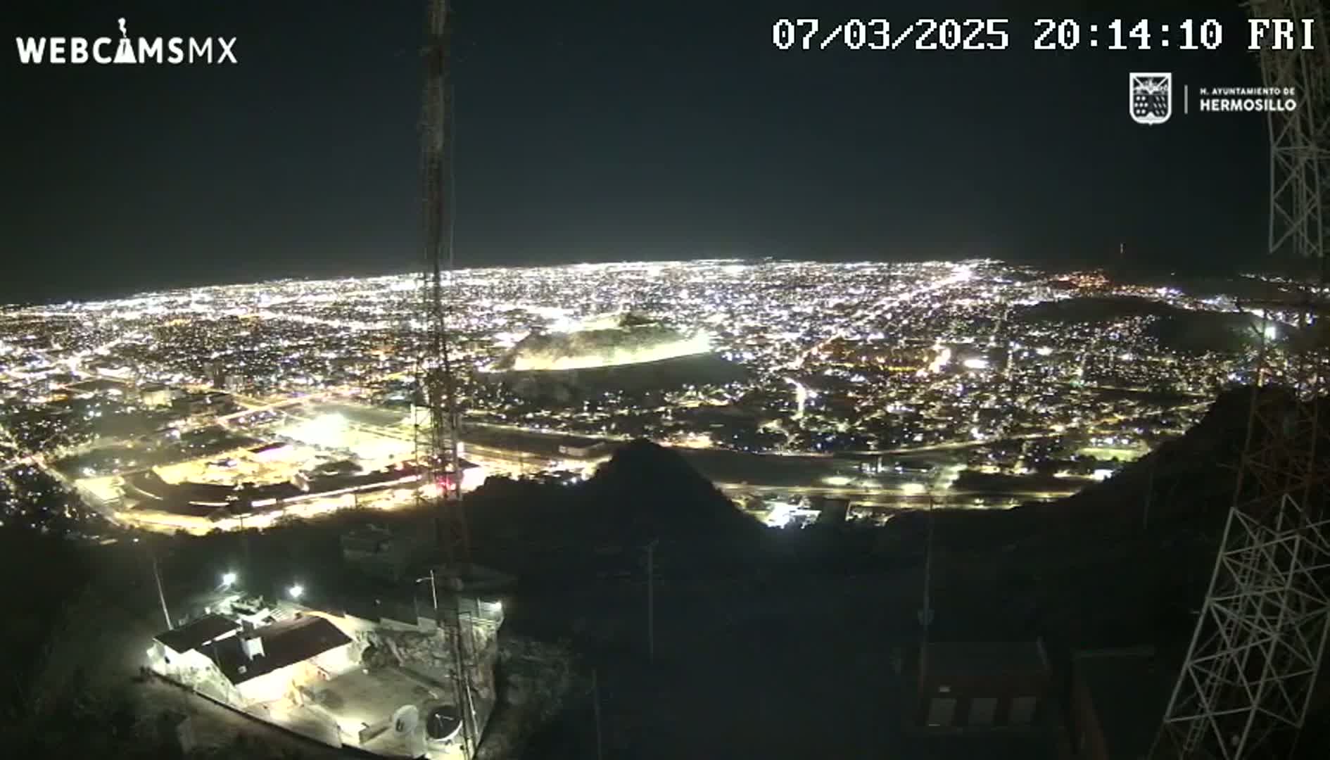 A nighttime, aerial view shows a sprawling city illuminated by countless lights, observed from a hilltop vantage point under a clear sky.