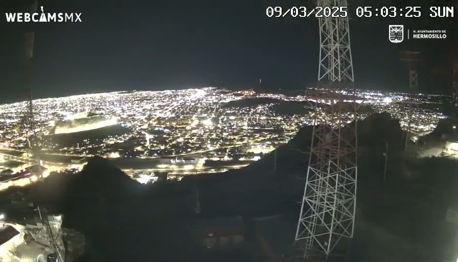 A nighttime, aerial view of a sprawling city illuminated by countless lights, seen from a vantage point on a hill overlooking a communications tower.