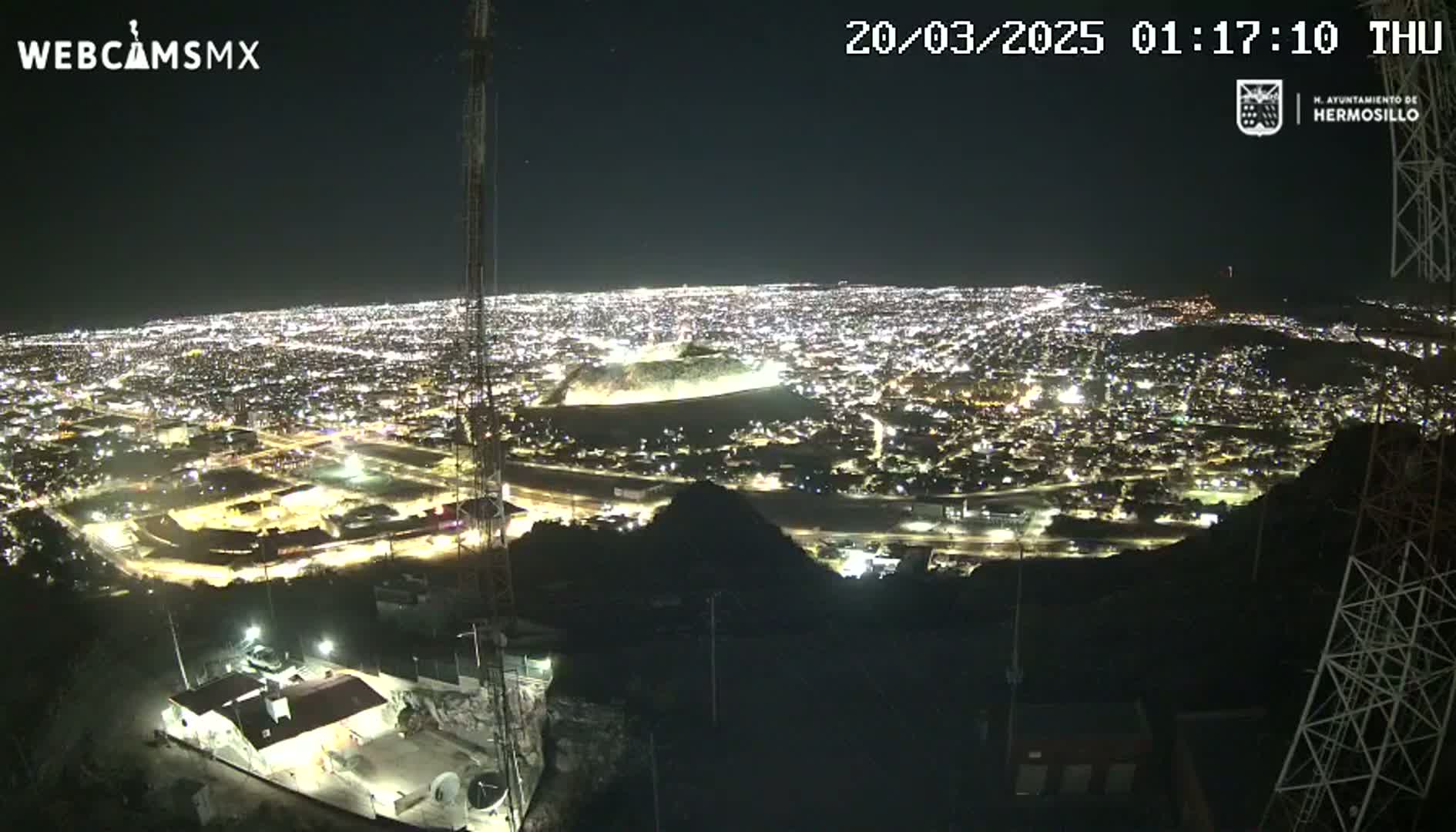 A nighttime, high-angle view of a sprawling city illuminated by countless lights, seen from a hilltop vantage point.