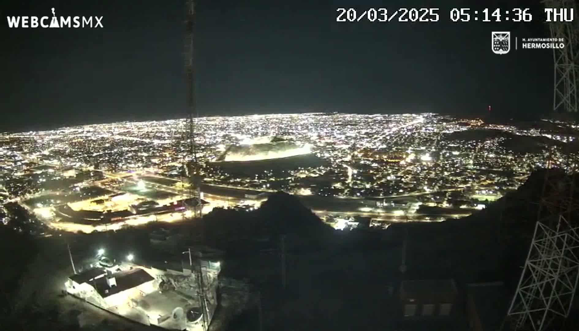 A nighttime, high-angle view shows a sprawling city illuminated by countless lights, seen from a hilltop vantage point.