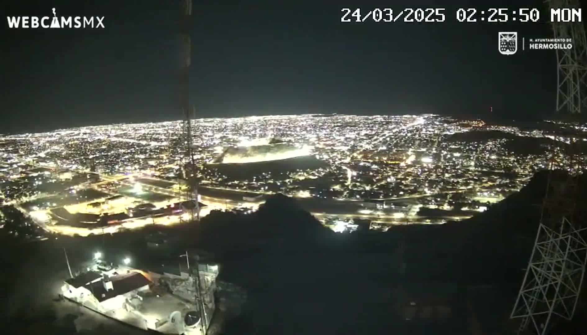 A nighttime, high-angle view shows a sprawling city illuminated by countless lights, seen from a vantage point on a hill or mountain.