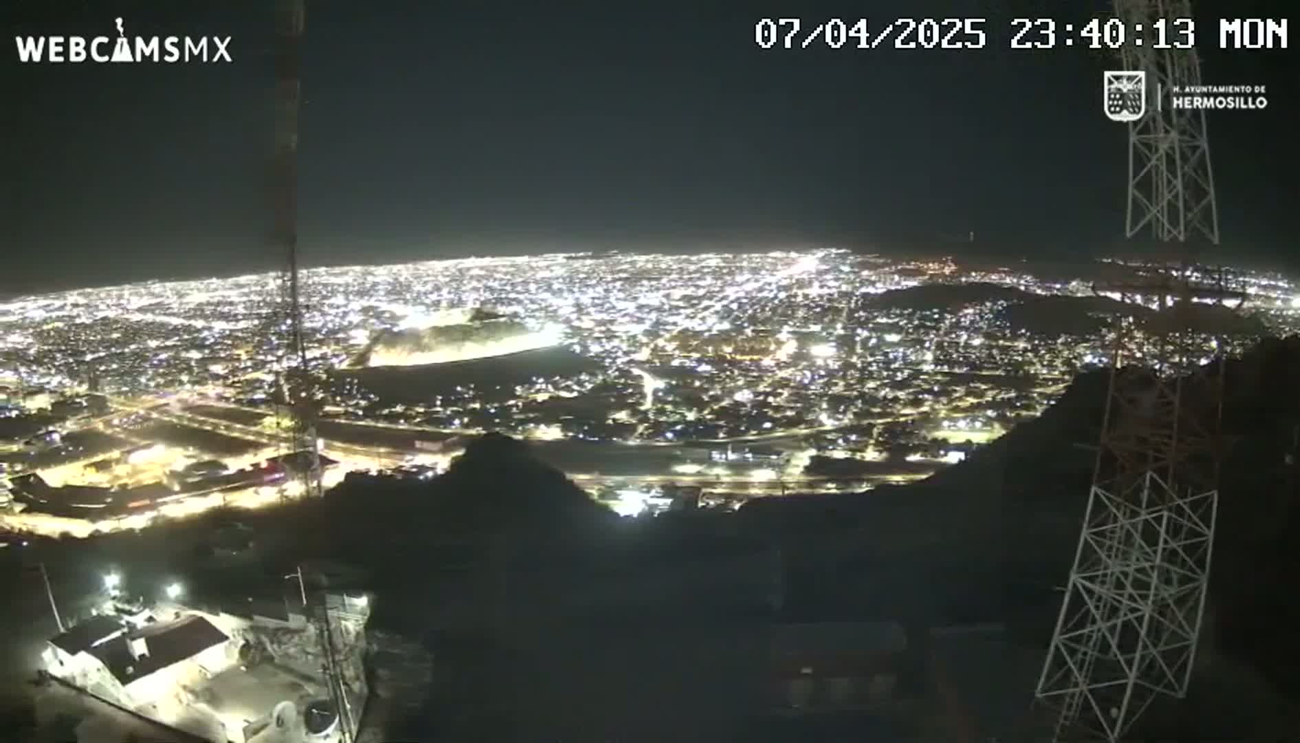 A nighttime view from a hilltop shows a sprawling city illuminated by many lights under a clear sky.