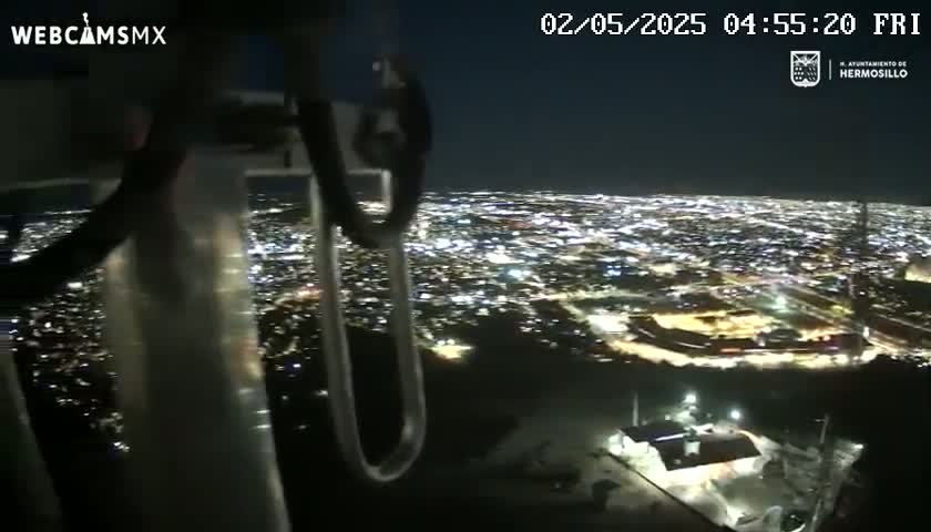 A nighttime view from a tall structure shows a sprawling city illuminated below, under a clear, dark sky.