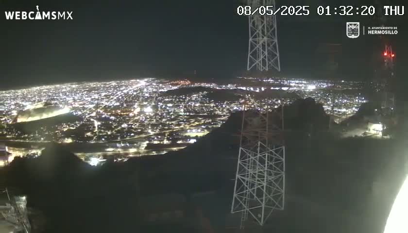 A nighttime, high-angle view shows a sprawling city illuminated below, with several tall communication towers in the foreground.