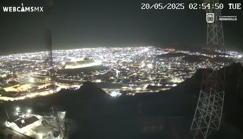 A nighttime view from a hilltop shows a sprawling city illuminated below, under a clear, dark sky.