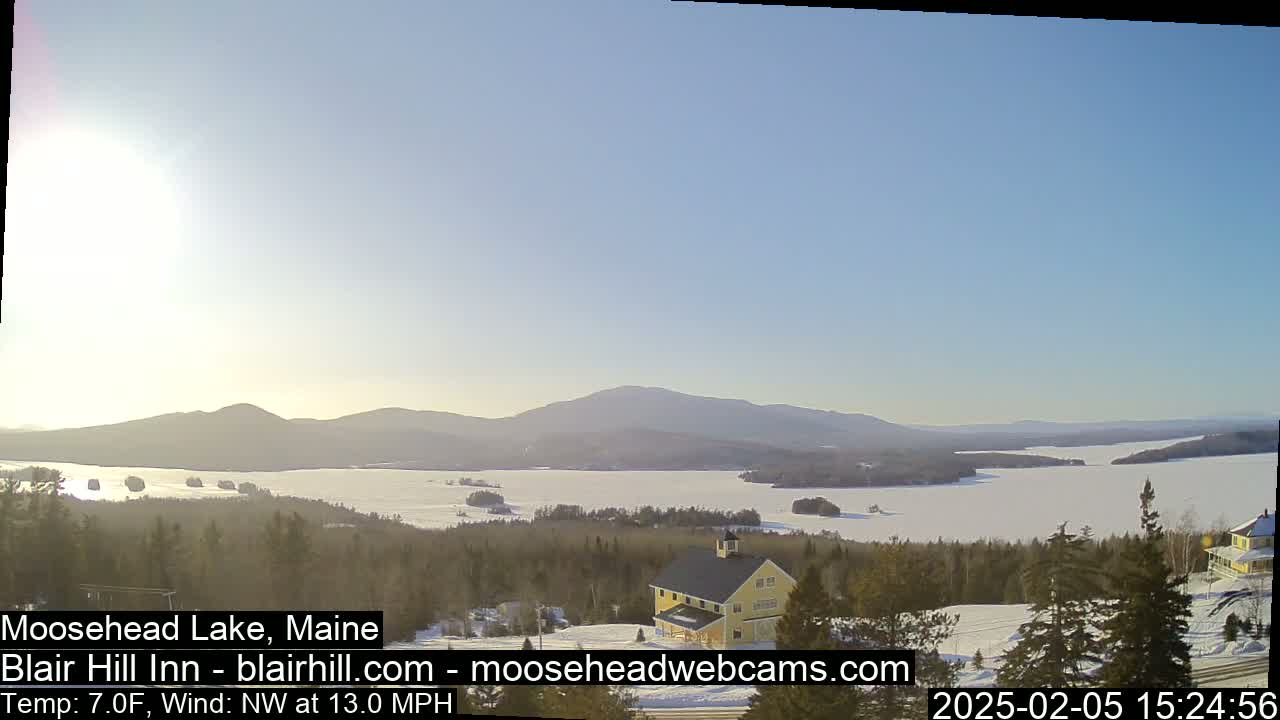 A mostly sunny, cold, and windy day overlooks a snow-covered Moosehead Lake with a distant mountain range and a yellow building in the foreground.
