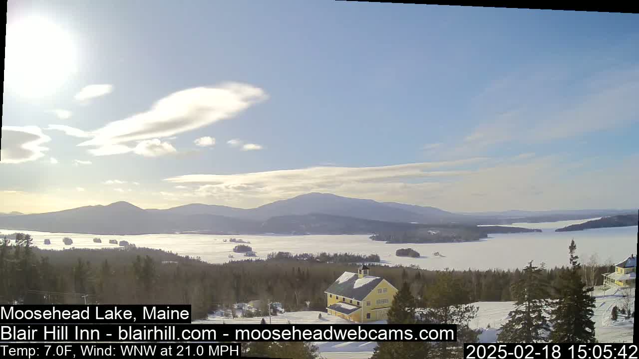 A partially frozen lake stretches to distant mountains under a mostly sunny sky with a light wind.