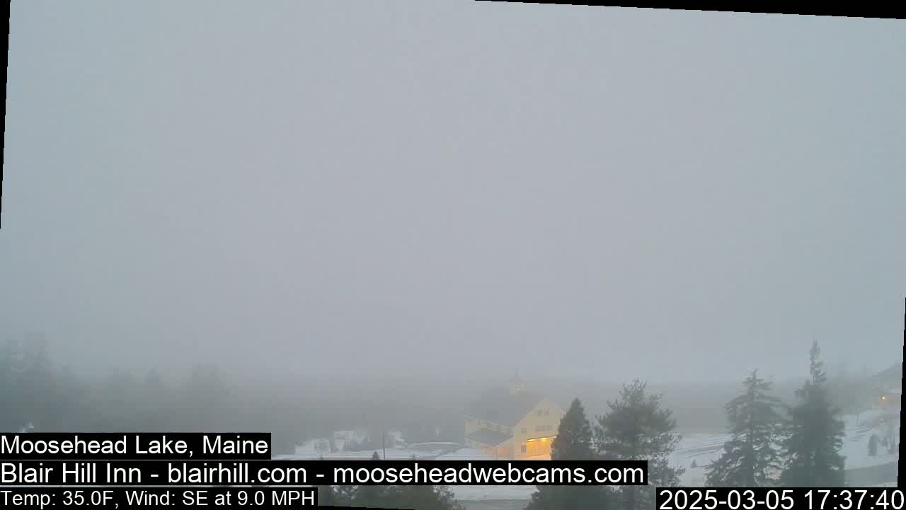 A foggy landscape shows a building and some evergreens under a gray sky, with a southeast wind at 9 miles per hour and a temperature of 35 degrees Fahrenheit.