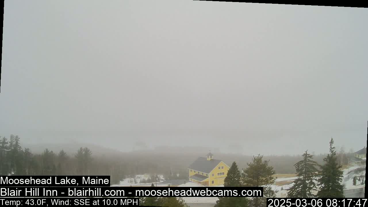 A yellow building is partially visible through a thick fog, with a snow-covered landscape and dark green trees in the background, under a hazy sky.
