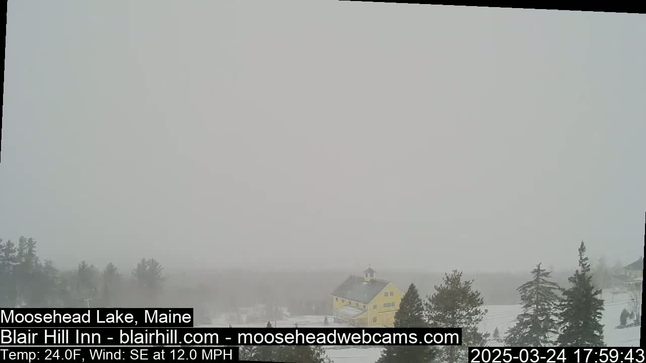 A yellow building is visible through heavy snow and blowing wind in a snowy landscape.