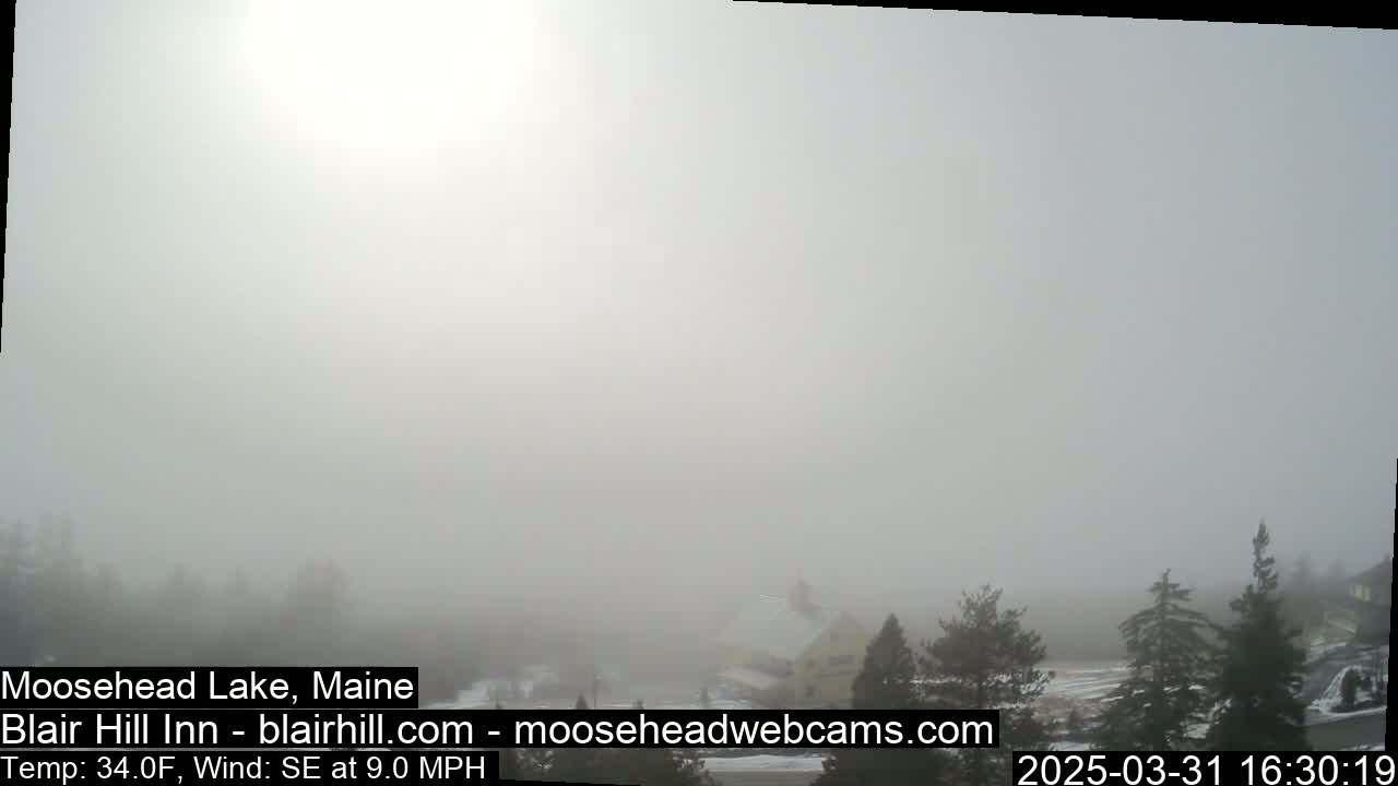 A foggy landscape shows a few buildings and evergreens under a bright, hazy sun.