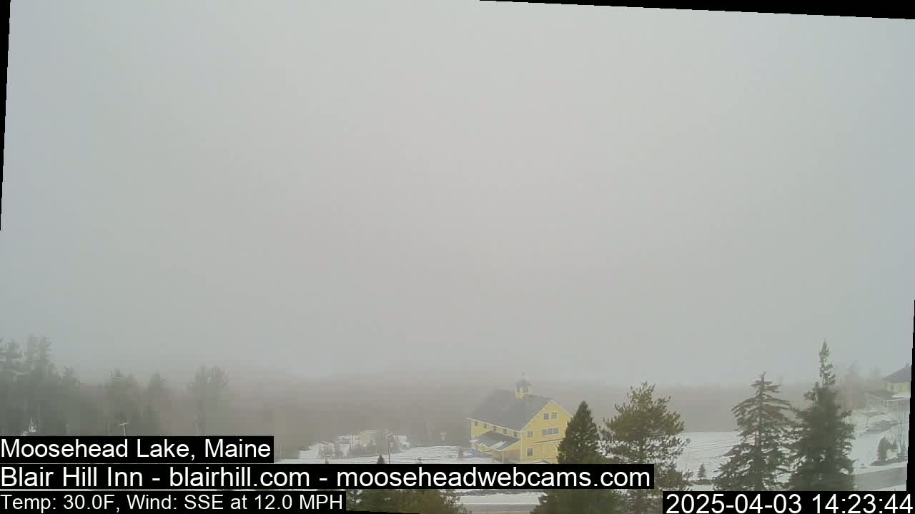 A foggy, snowy landscape with a yellow building and evergreens is visible in the distance.