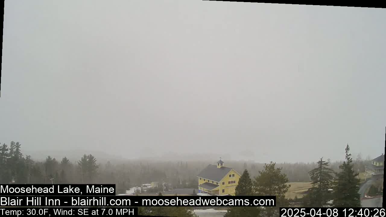 A hazy, snowy landscape shows a yellow building among sparse, dark green trees under a gray sky.