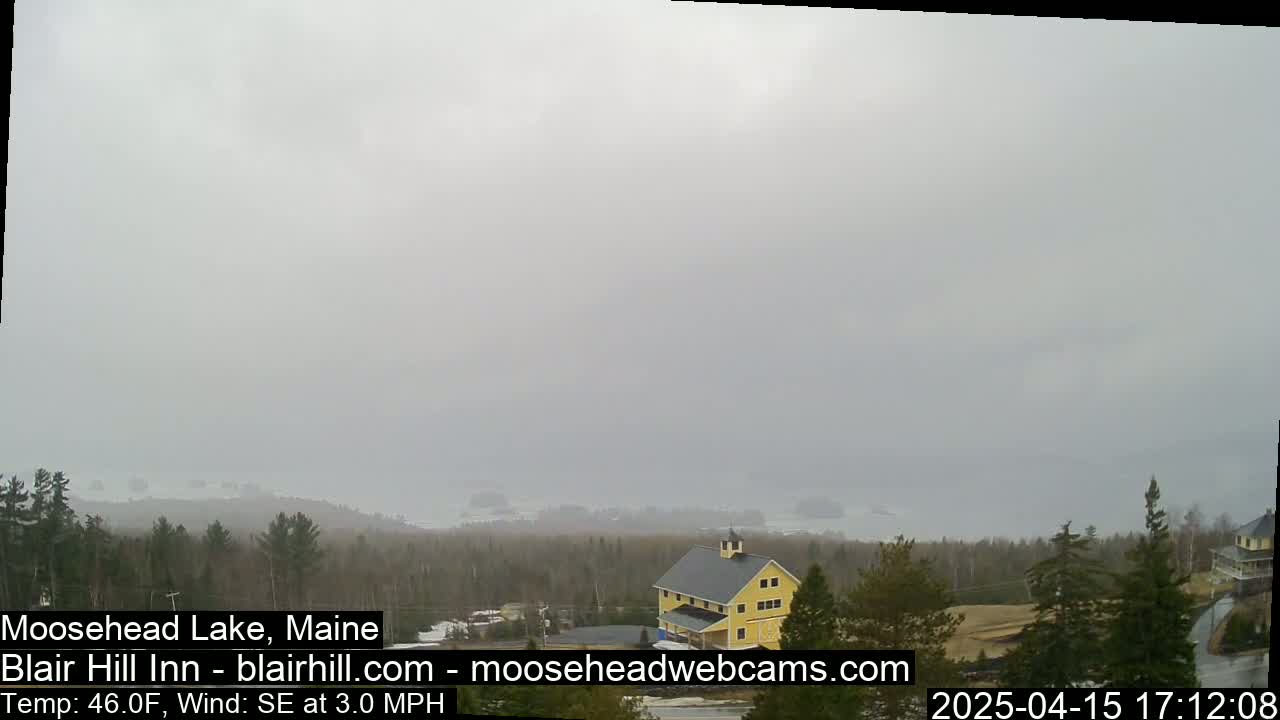 A hazy view of a lake and trees, with a yellow building visible in the foreground under an overcast sky.