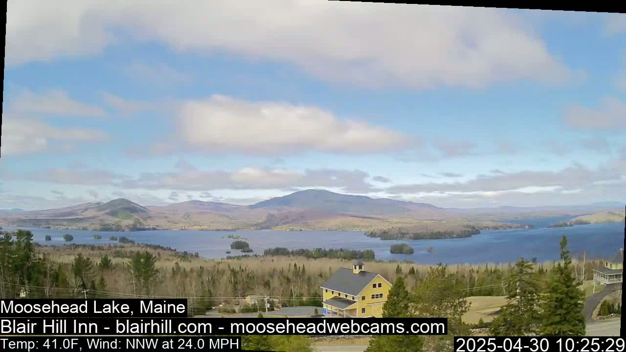 A partly cloudy day reveals a large lake surrounded by mountains and trees, with a yellow house visible in the foreground.