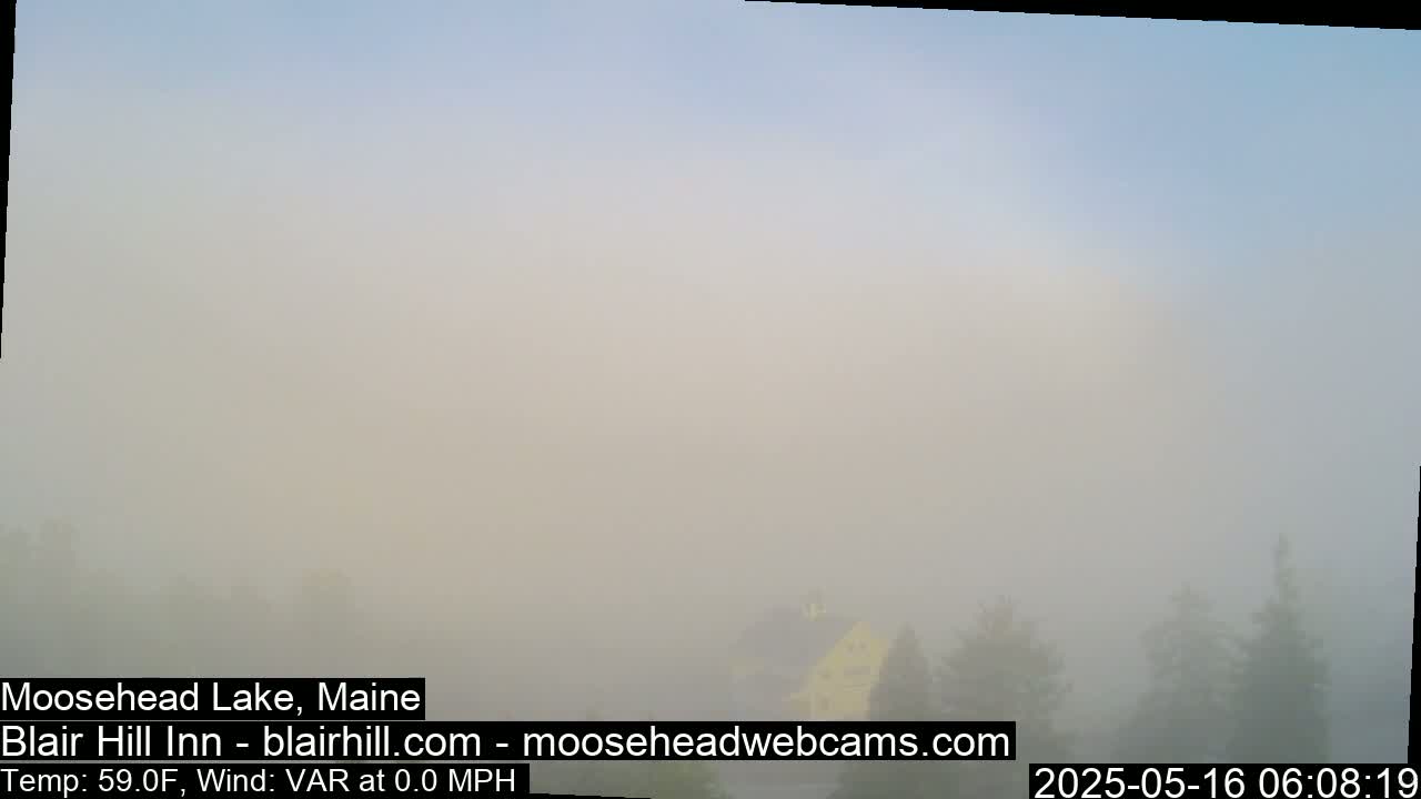 A foggy landscape shows a few indistinct buildings and trees under a pale sky.
