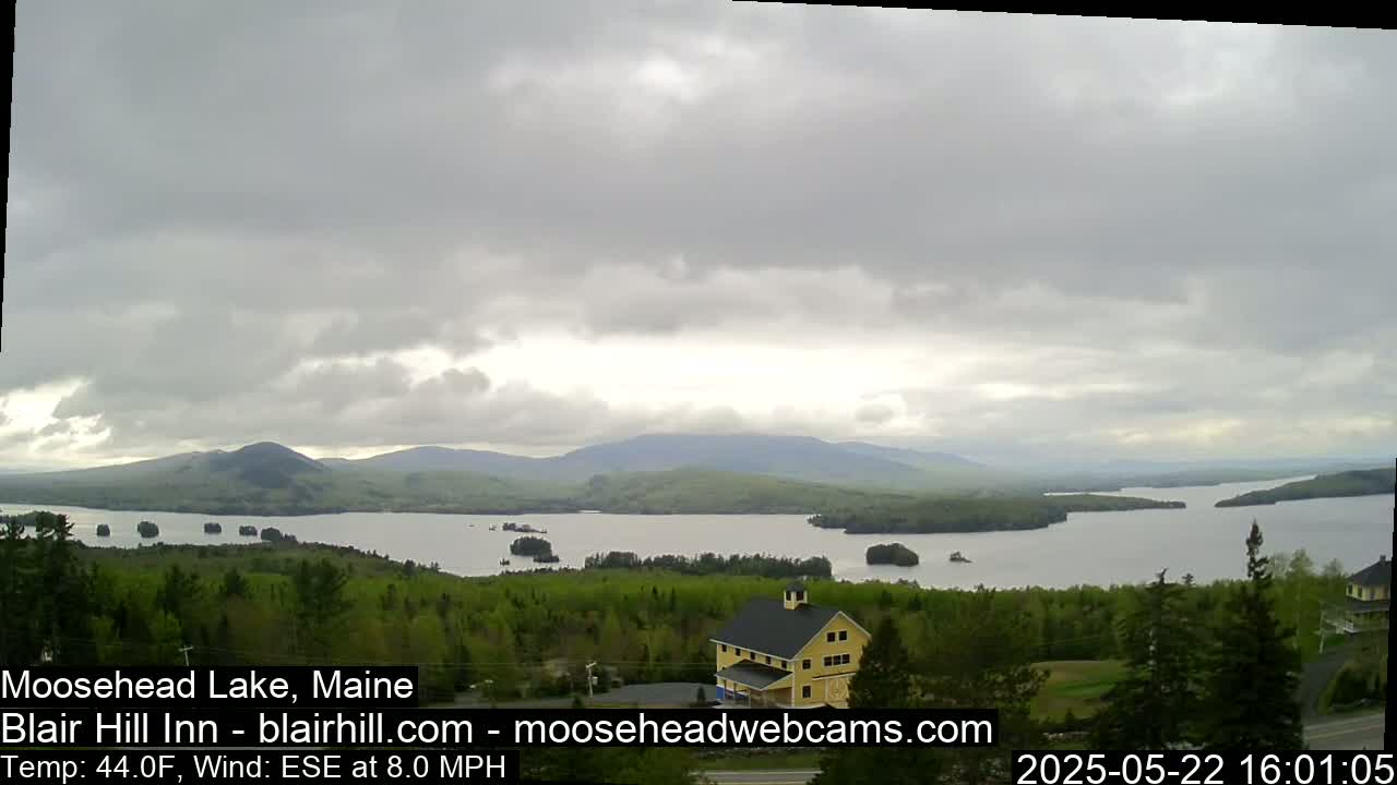 A large lake surrounded by green trees and distant mountains under an overcast sky.