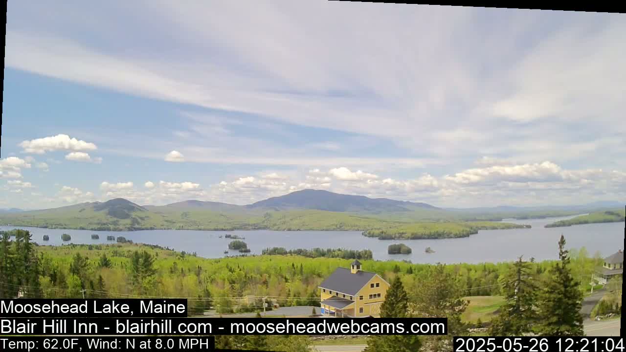 A partly cloudy day shows a large lake nestled between mountains, with a yellow building visible in the foreground and lush green trees surrounding the water.