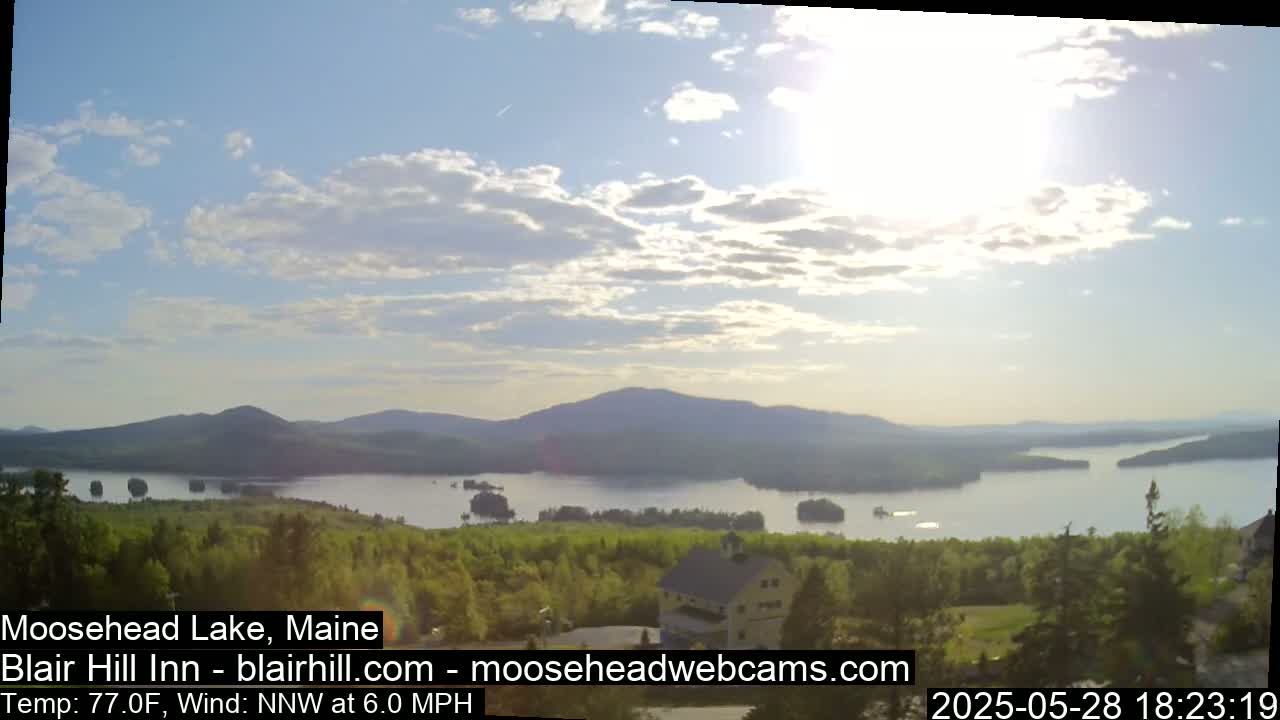 A partly sunny view of a lake surrounded by forested hills and mountains, under a light wind.