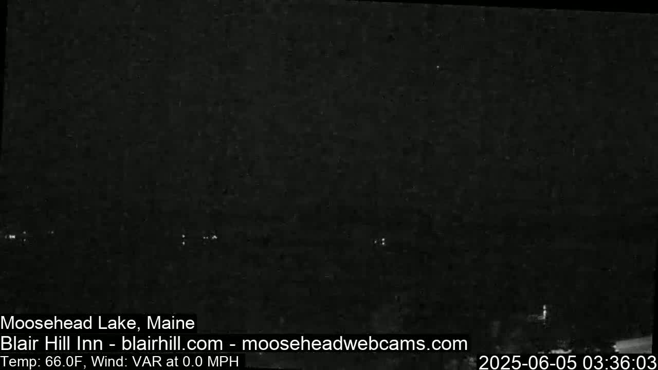 A dark, nighttime view of a lake with a calm, windless atmosphere at 66 degrees Fahrenheit.