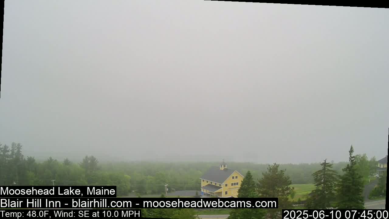 A foggy, low-visibility scene shows a yellow building and green trees in the distance, with a southeasterly wind blowing at 10 mph.