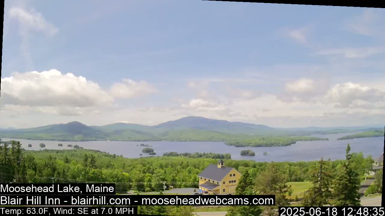 A partly cloudy day reveals a view of a large lake nestled among green, tree-covered hills and mountains, with a yellow building visible in the foreground.