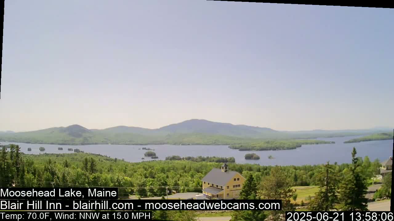A large lake surrounded by green trees and mountains under a mostly clear sky with a light wind.