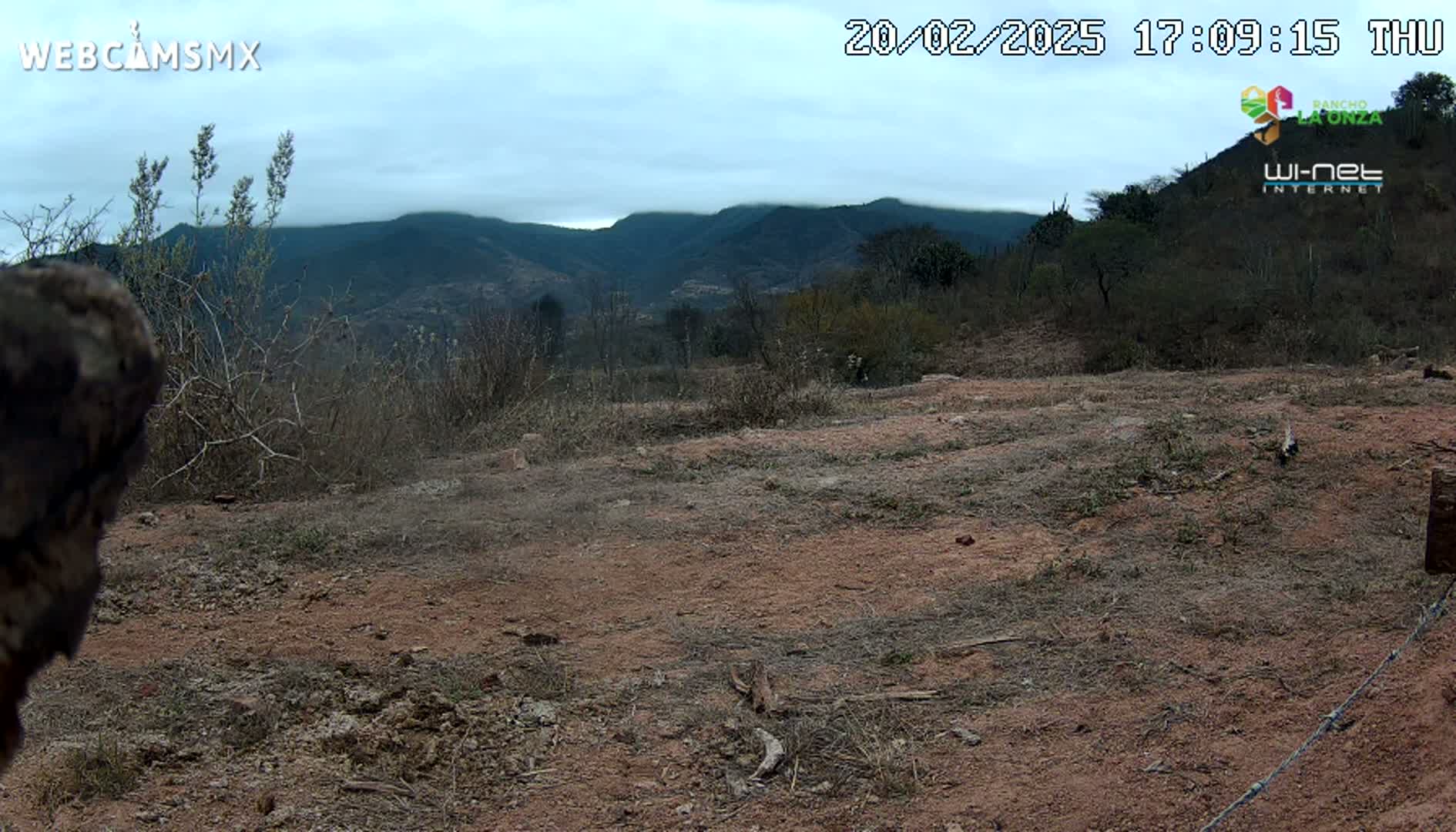 A mostly barren, reddish-brown dirt area with sparse, dry vegetation in the foreground, overlooking a range of dark-colored mountains under a cloudy sky.