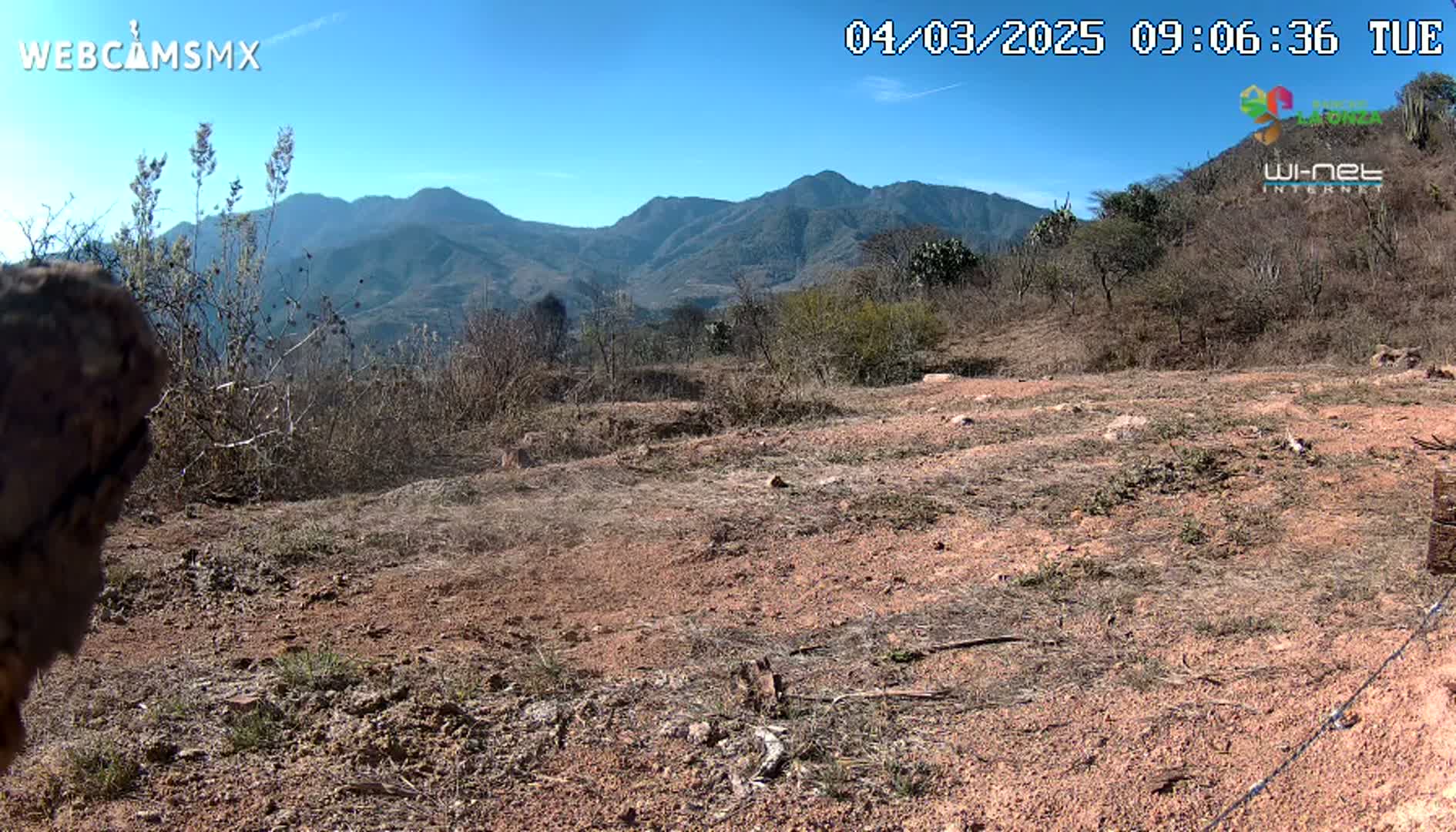 A mostly clear, sunny day reveals a dry, reddish-brown dirt field sparsely dotted with scrubby vegetation, extending to a range of distant mountains under a bright blue sky.
