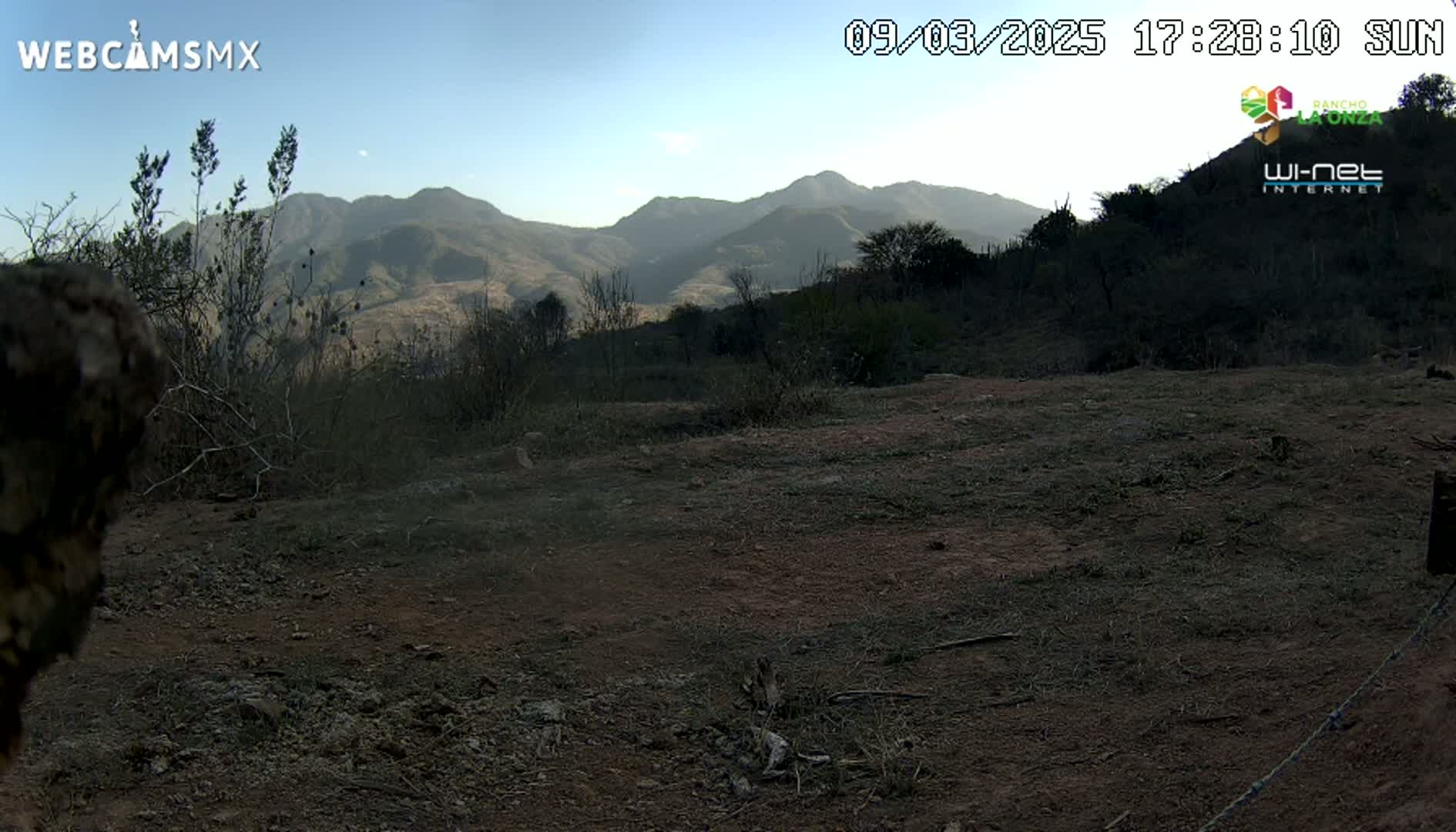 A dry, brown, dirt field stretches towards a range of mountains under a clear, sunny sky.