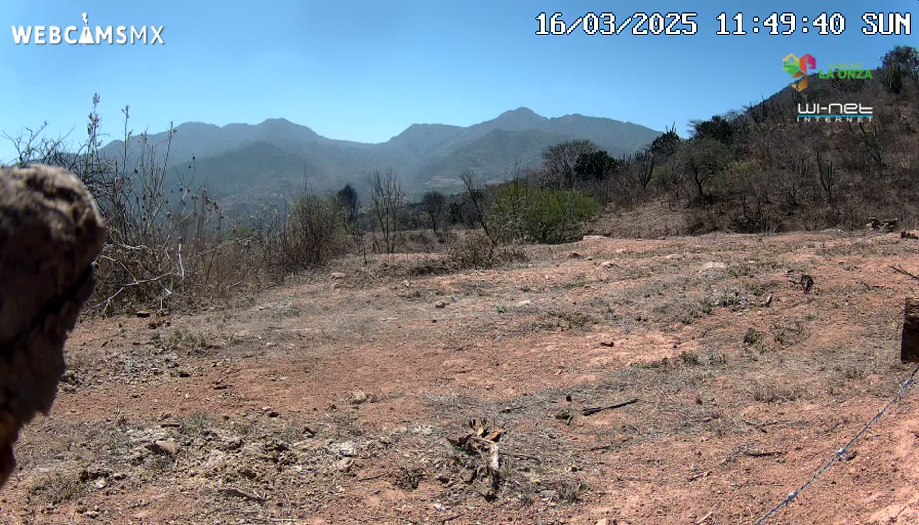 A dry, reddish-brown dirt area with sparse, dry brush and a distant mountain range under a clear, sunny sky.