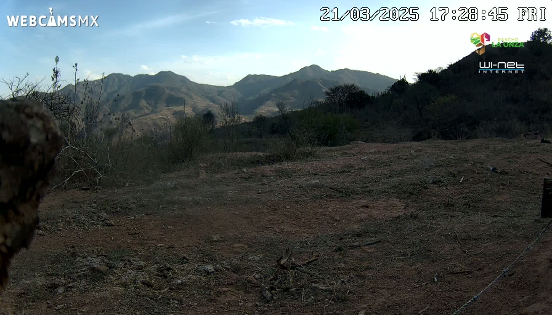 A mostly barren, dry, reddish-brown dirt ground is in the foreground with sparse scrub brush and a mountain range in the background under a mostly clear sky.