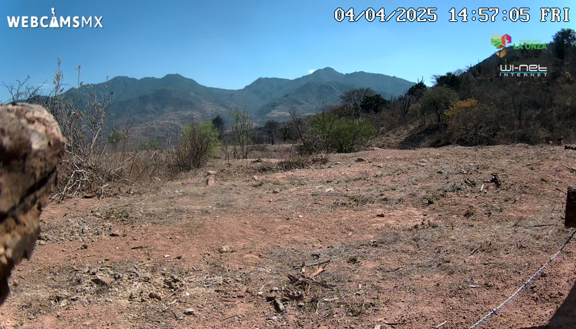 A dry, reddish-brown dirt field stretches toward a range of mountains under a clear blue sky.