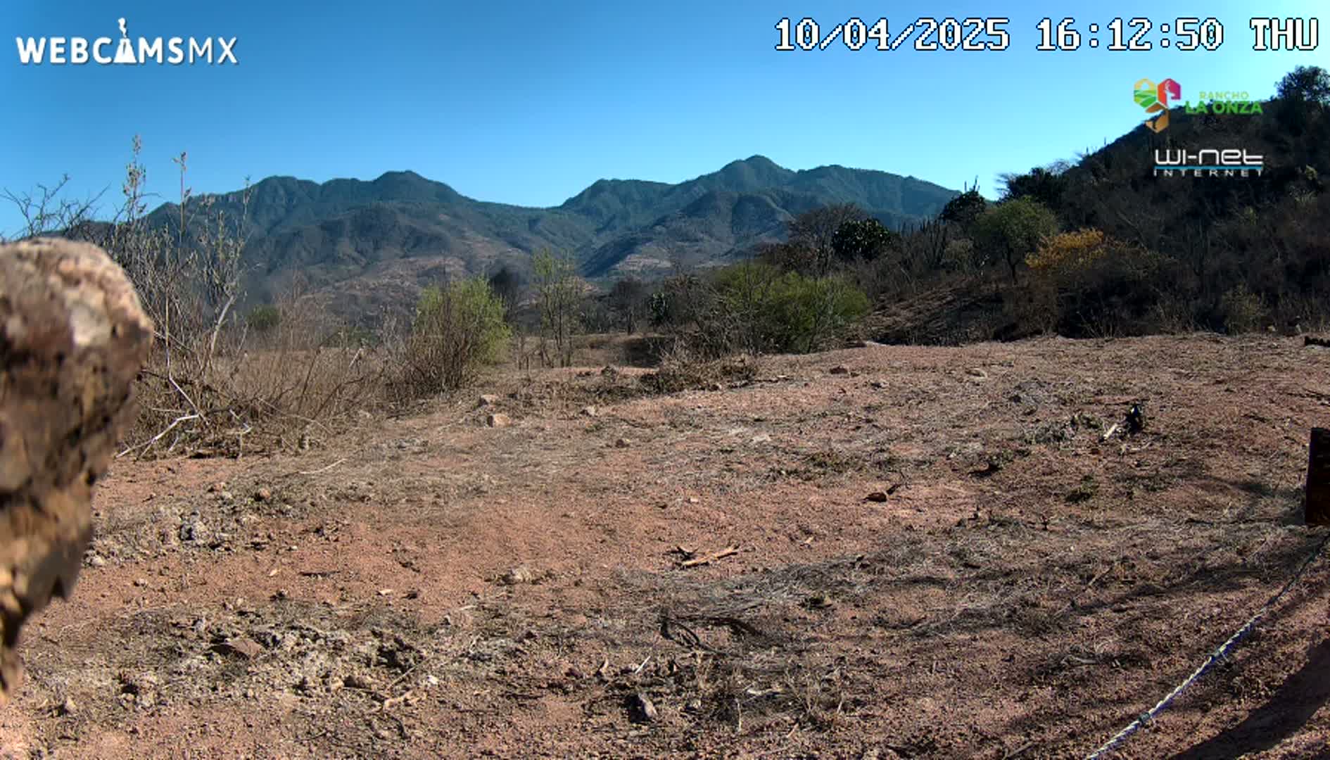 A dry, reddish-brown dirt field stretches towards a range of dark-green mountains under a clear blue sky.