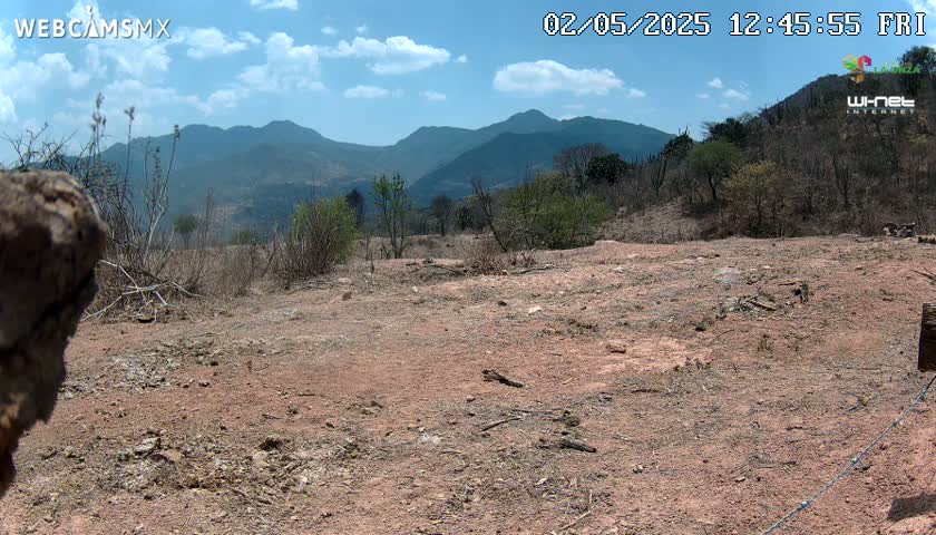 A partly cloudy sky overlooks a dry, reddish-brown dirt field with sparse brush and distant mountains.