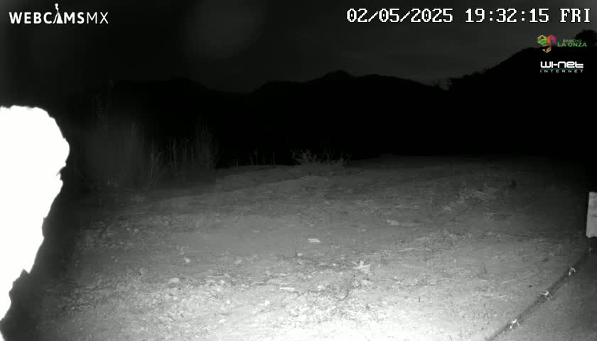 A nighttime, grainy, black and white image shows a dirt area in front of dark mountains under a dark sky.
