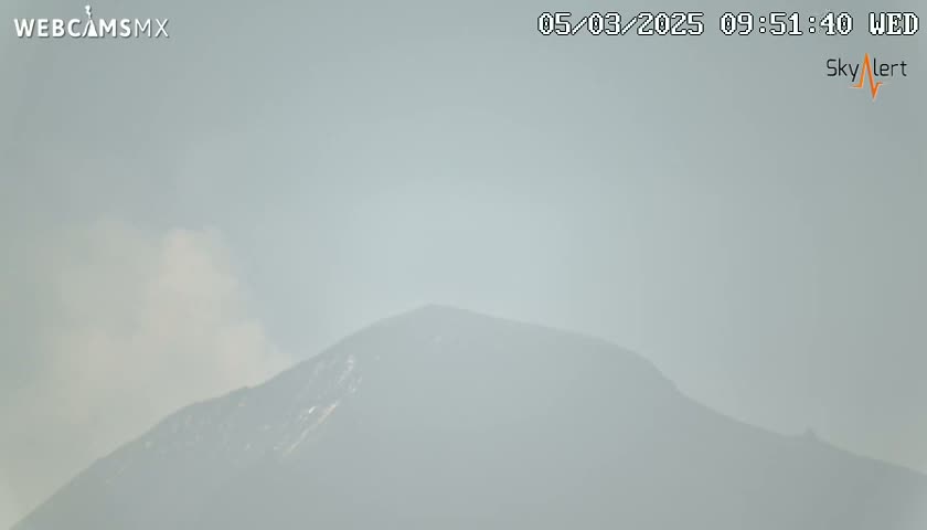 A hazy, light-grey mountain is visible under a mostly clear, light-grey sky.