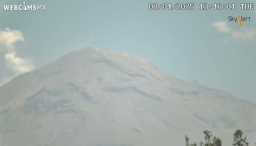 A snow-capped mountain is visible under a mostly clear sky with a few small clouds.
