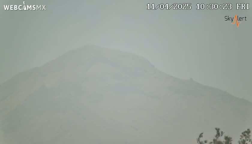 A hazy, indistinct view of a mountain is visible under a foggy sky.