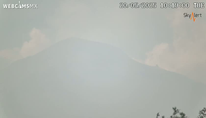 A hazy, overcast sky obscures a distant mountain range.