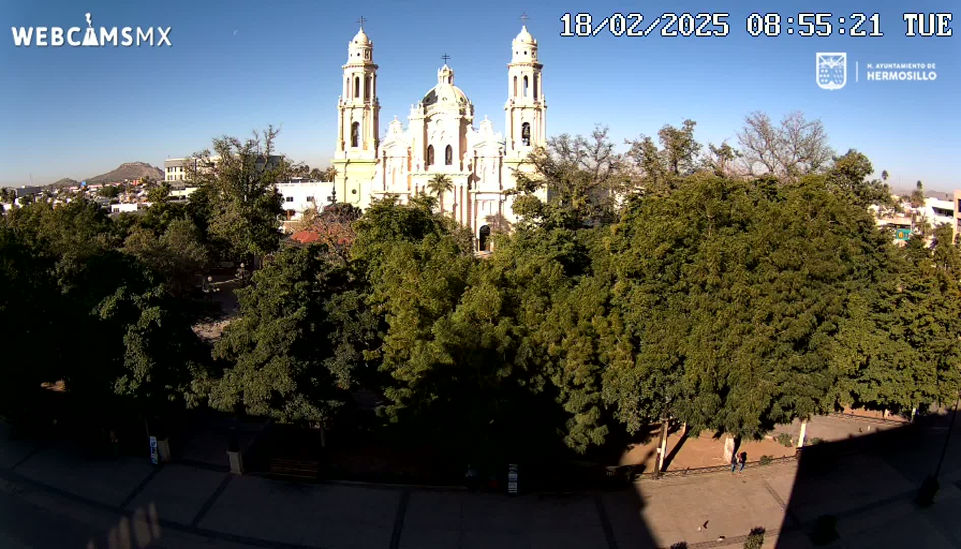 A large cathedral is visible behind a plaza filled with lush green trees under a clear blue sky.