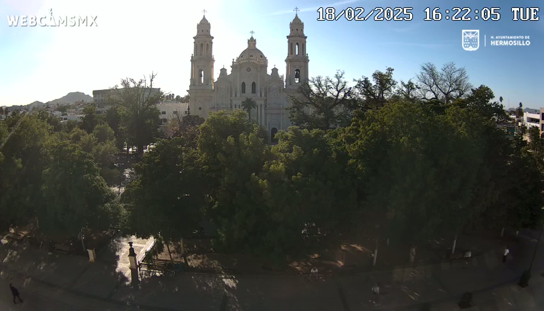 A large cathedral is visible behind a plaza filled with leafy green trees on a mostly sunny day.