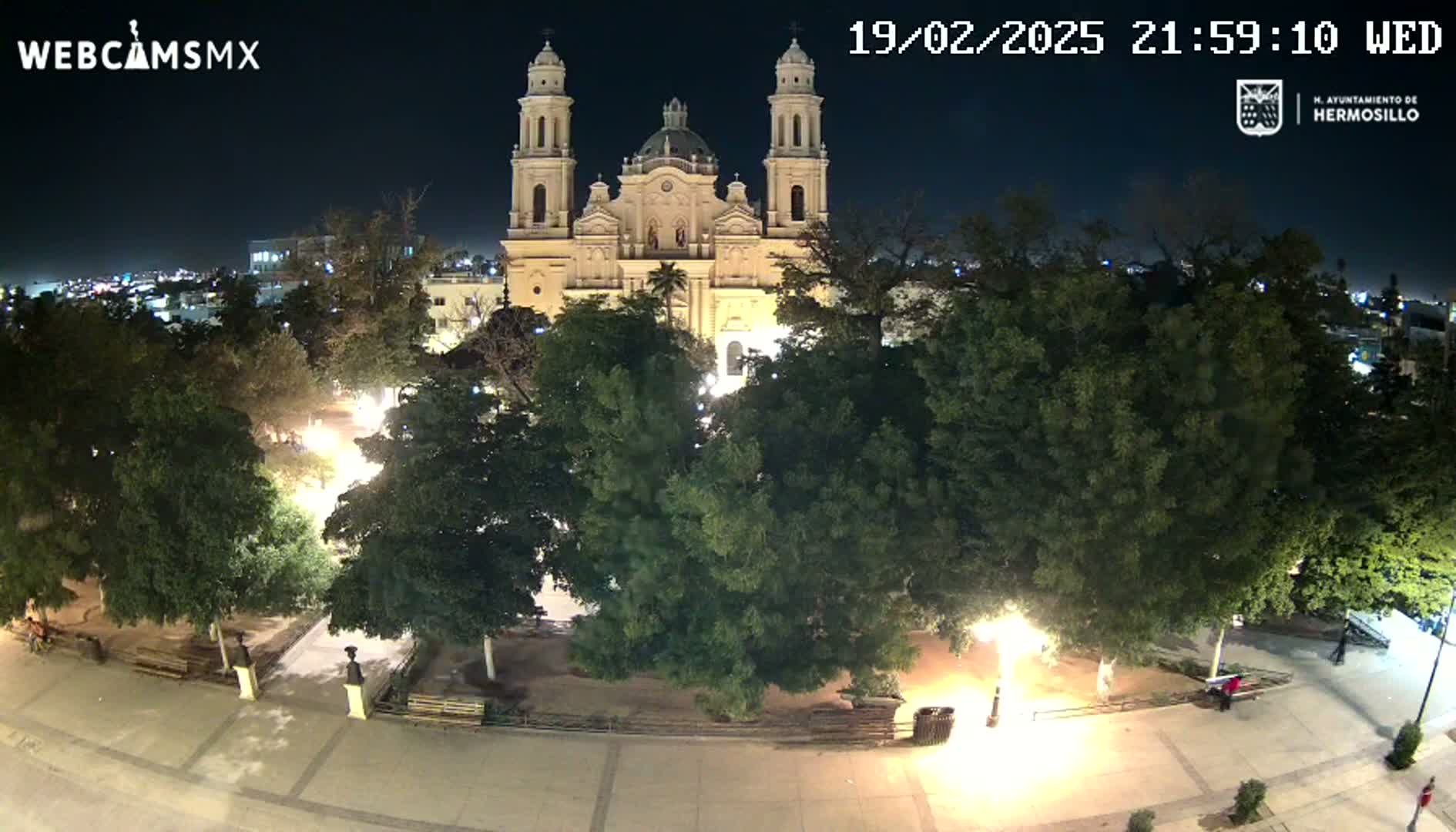 A nighttime, high-angle view shows a plaza with trees surrounding a large, illuminated cathedral.