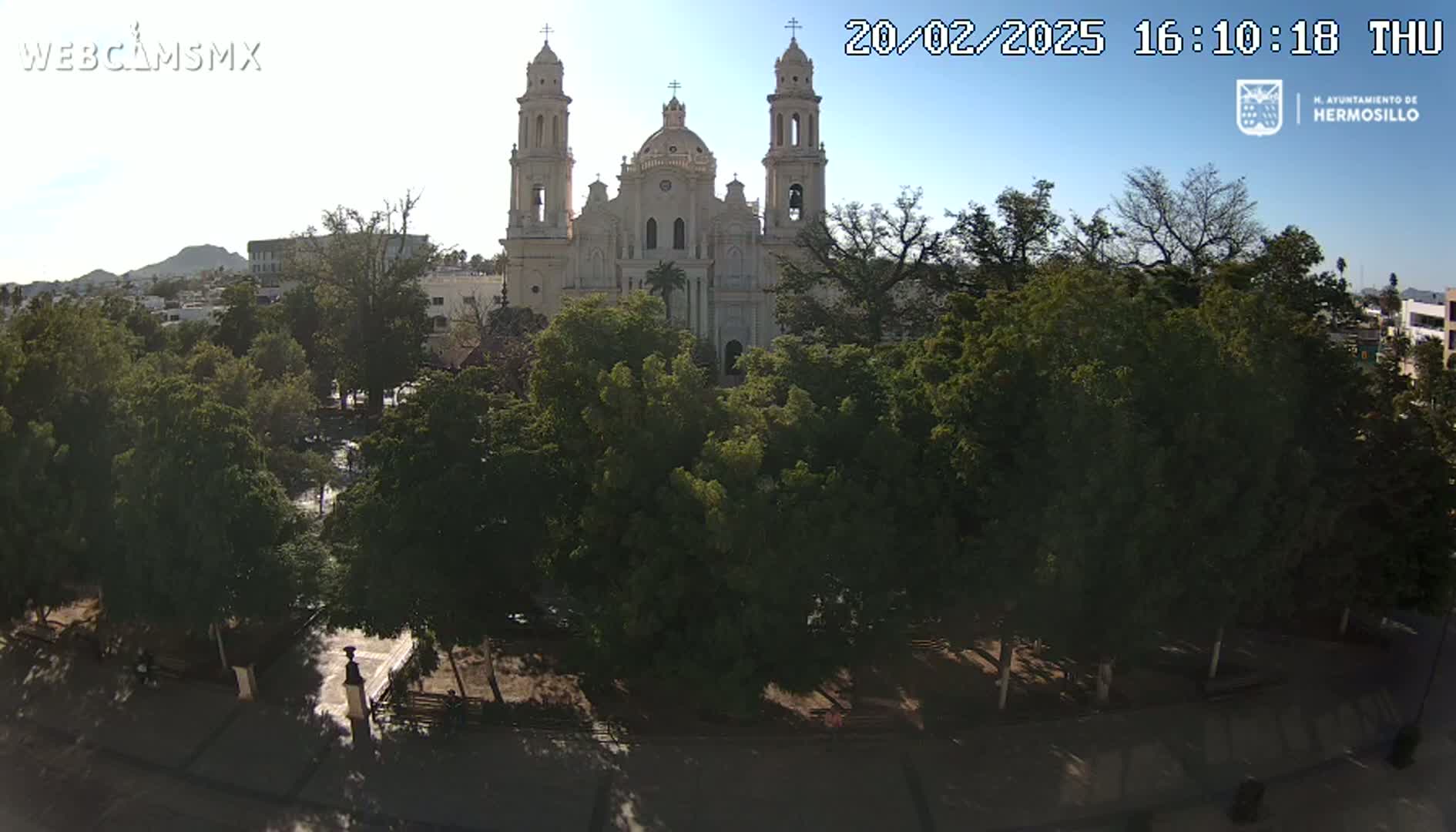 A large cathedral stands behind a plaza filled with leafy green trees under a mostly clear, sunny sky.