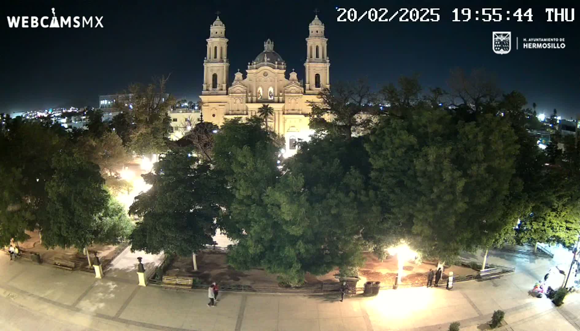 A nighttime, high-angle view of a plaza with a large cathedral in the background, surrounded by numerous trees and a few people walking.