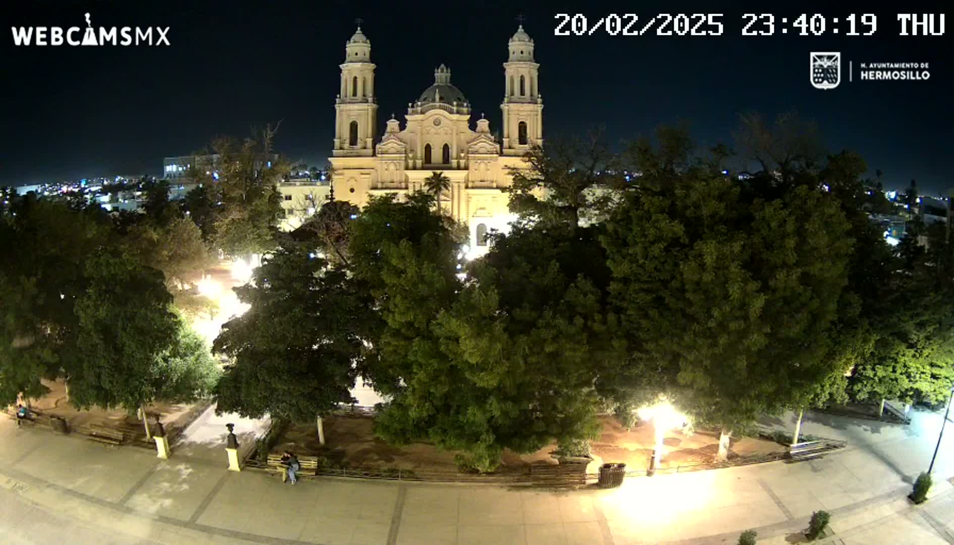 A brightly lit cathedral at night is surrounded by a plaza with trees and benches under a clear, dark sky.