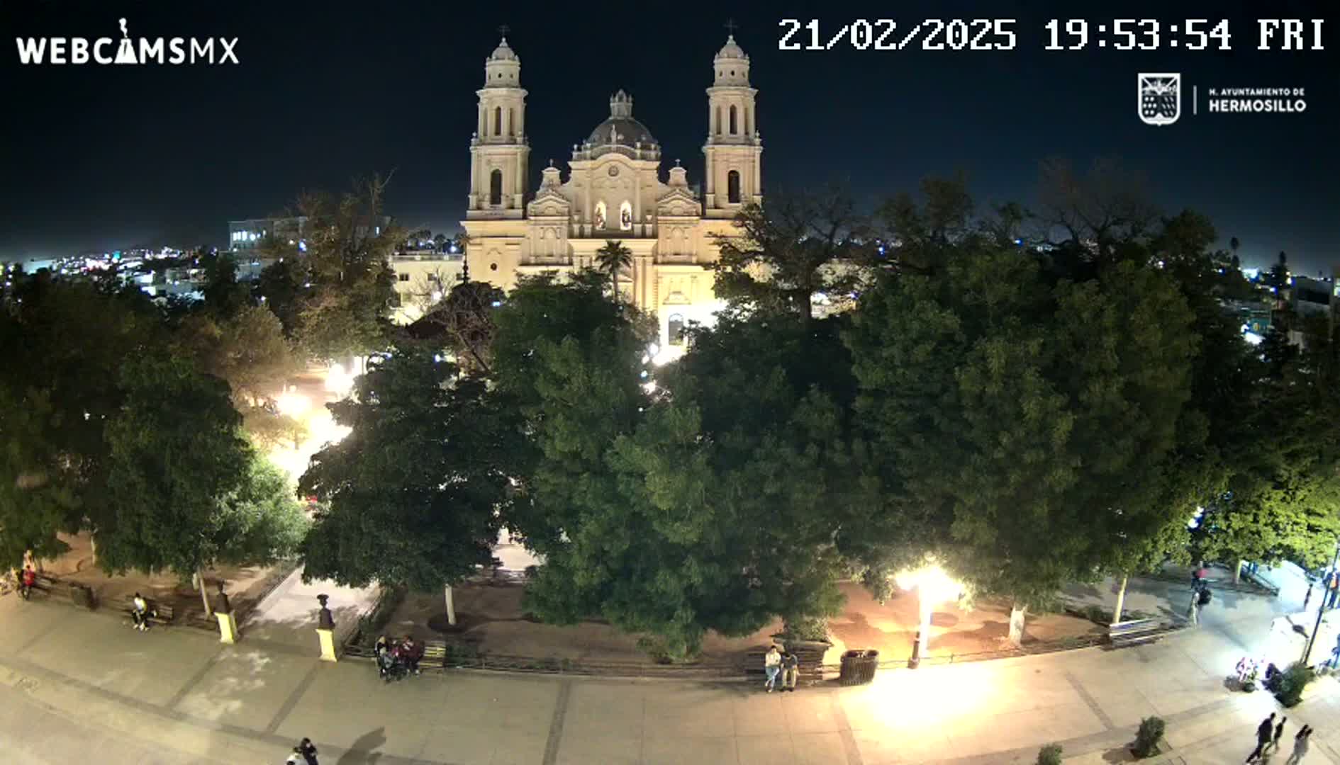 A brightly lit cathedral stands behind a tree-filled plaza at night.