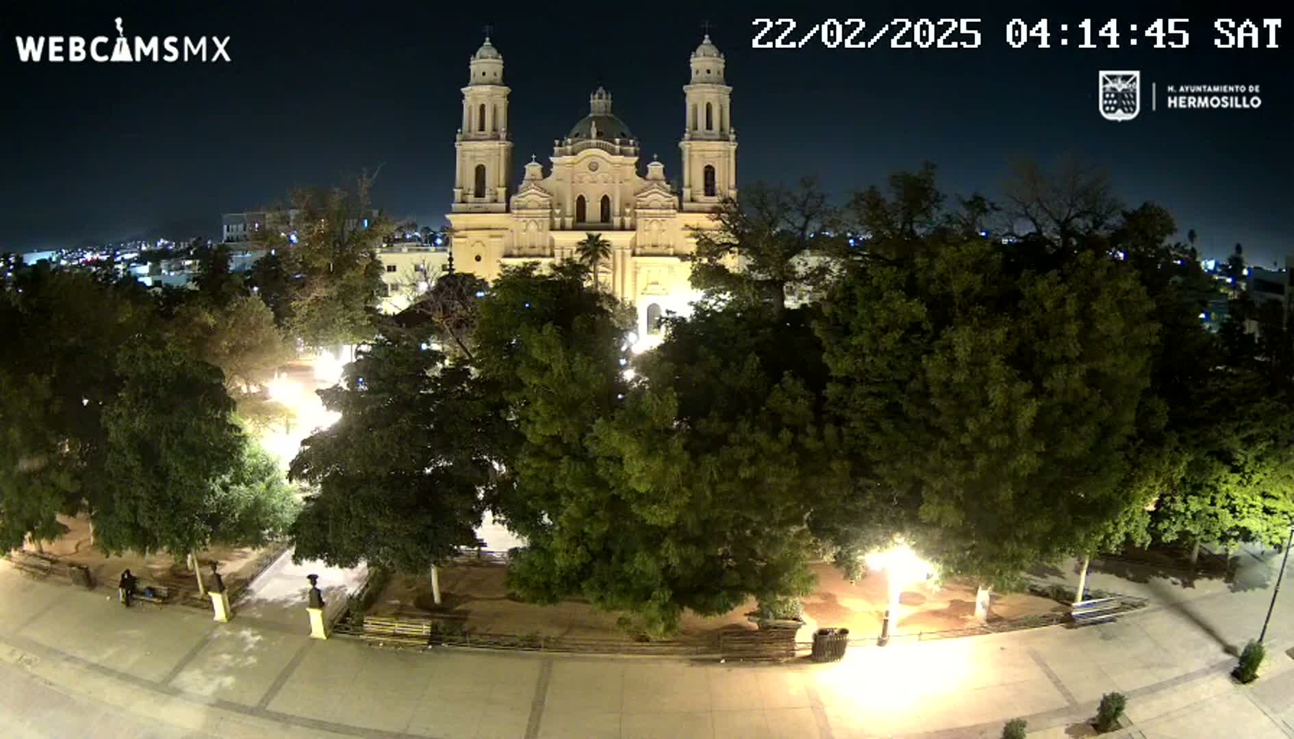 A large cathedral is visible at night, surrounded by a plaza with numerous trees and streetlights.