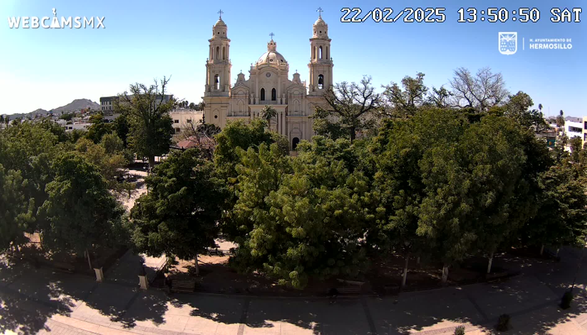 A large tan cathedral is situated behind a park filled with lush green trees under a clear blue sky.